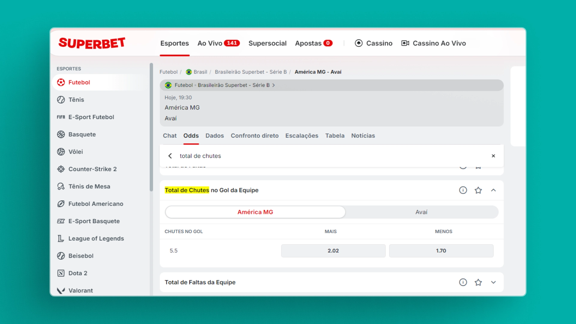 imagem Total de Chutes no Gol da equipe superbet
