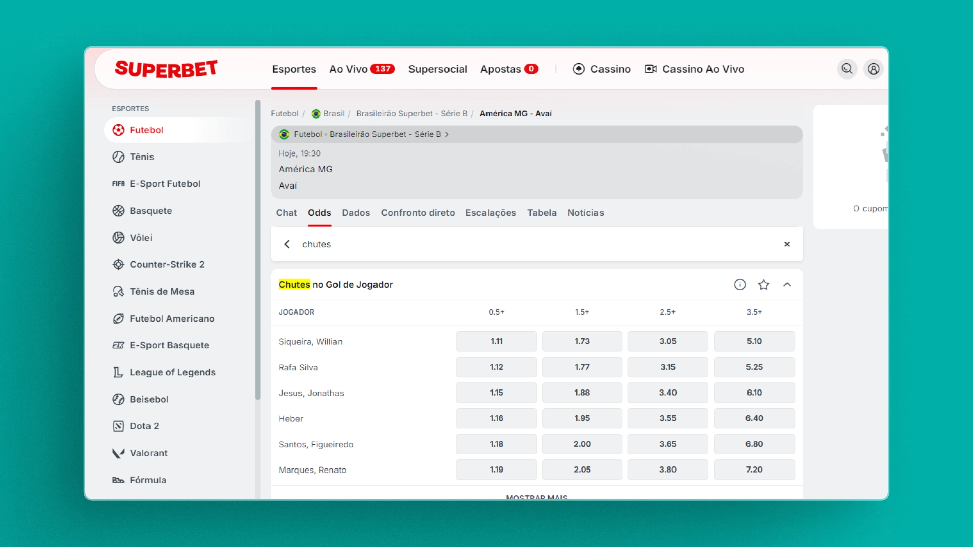 imagem Total de Chutes no Gol de jogador superbet