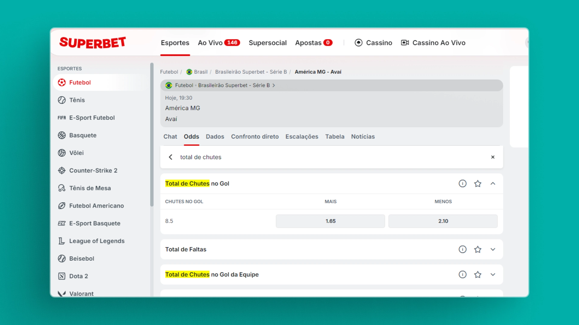 imagem Total de Chutes no Gol superbet