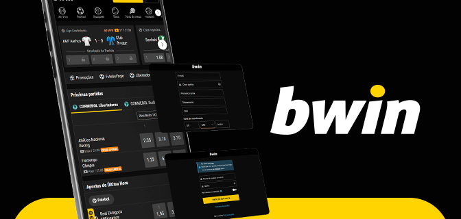 imagem mostra smartphone aberto na versão mobile. Ao lado, a logo da Bwin.