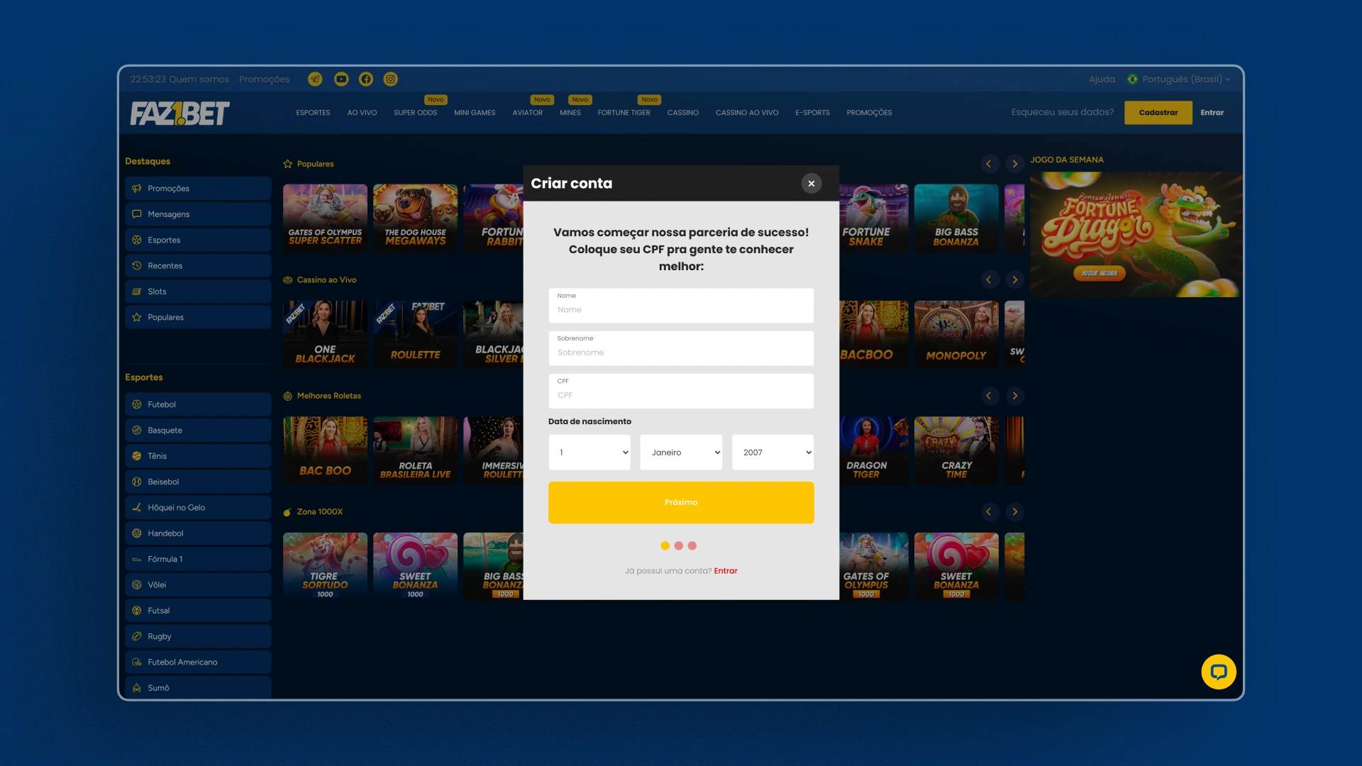 imagem cadastro 1 Faz1Bet