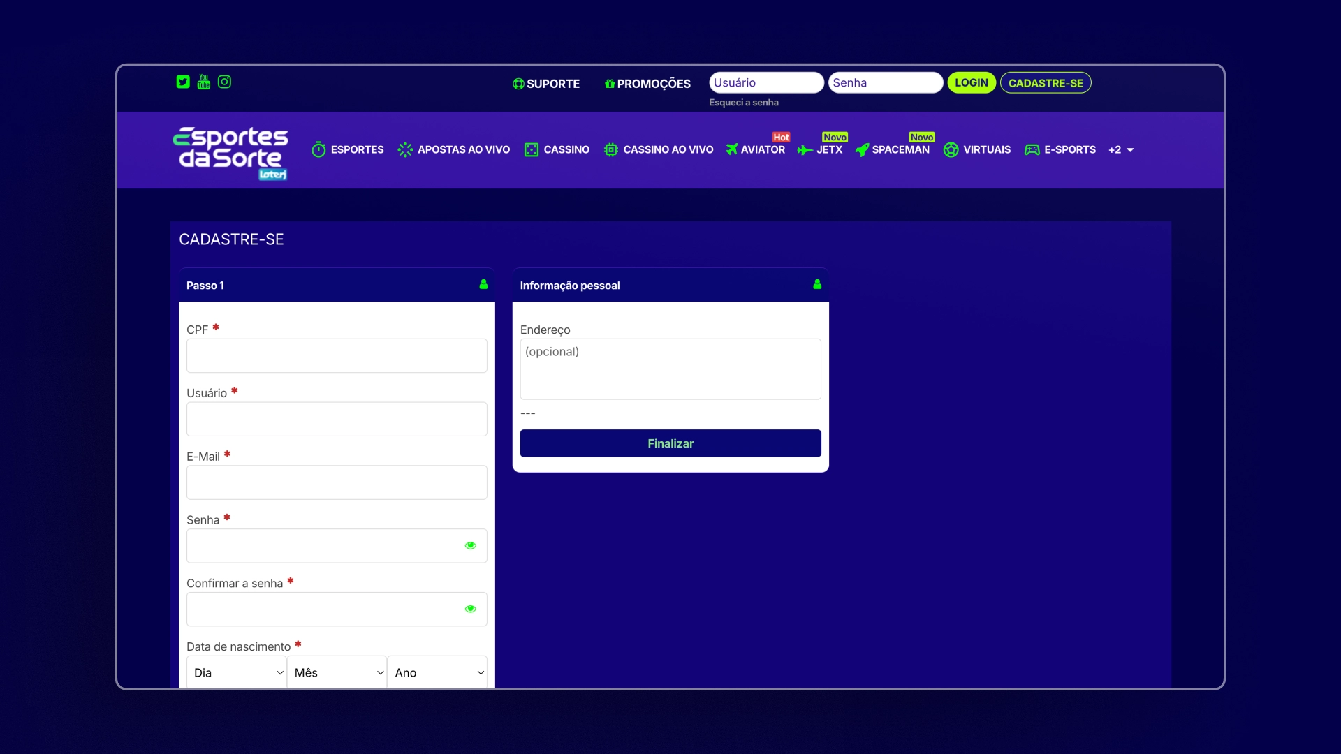 imagem cadastro passo 02 esporte da sorte