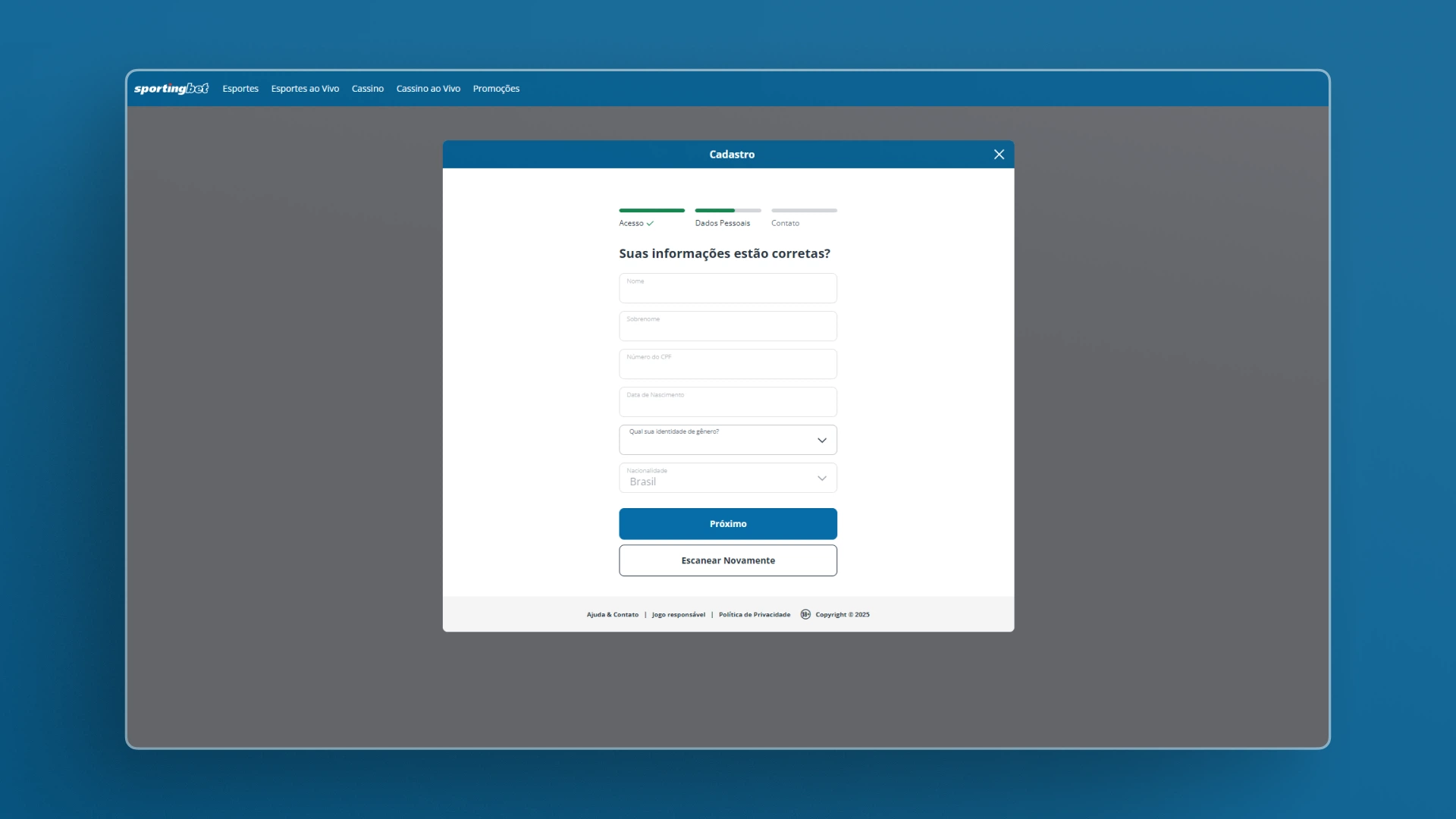imagem cadastro passo 03 sportingbet