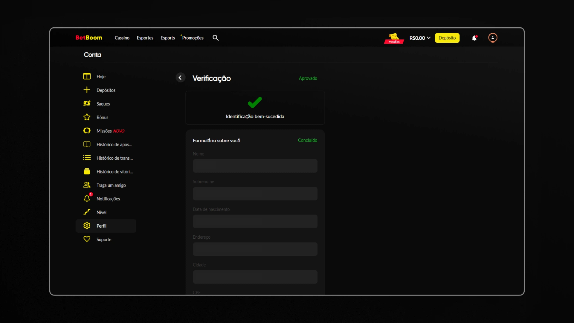 imagem cadastro passo verificação betboom