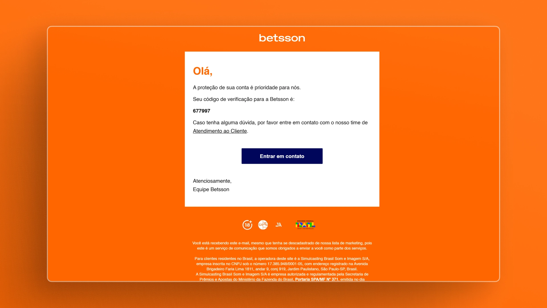 imagem cadastro verificação de email Betsson