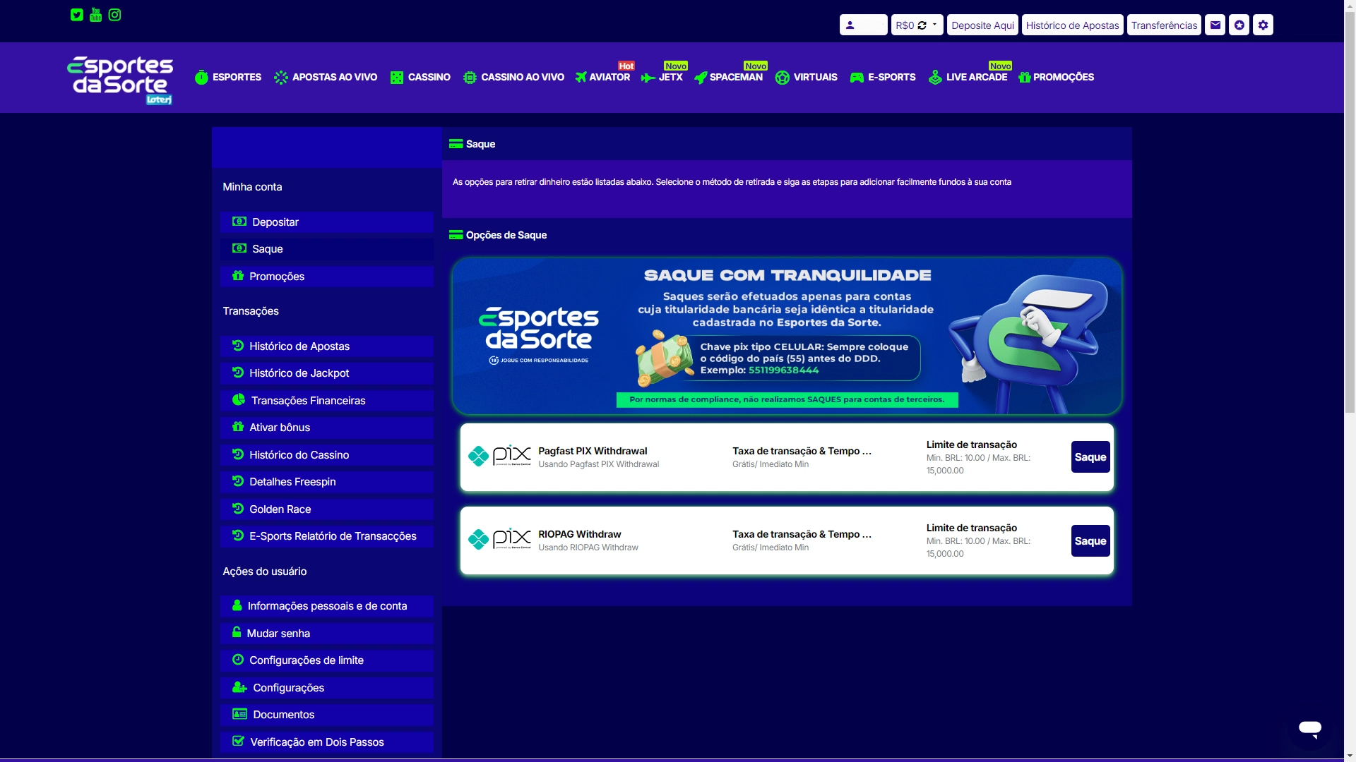 Print mostra página de saque da Esportes da Sorte