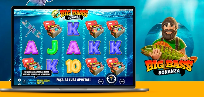 Imagem mostra logomarca do jogo Big Bass Bonanza ao lado de um notebook aberto no jogo