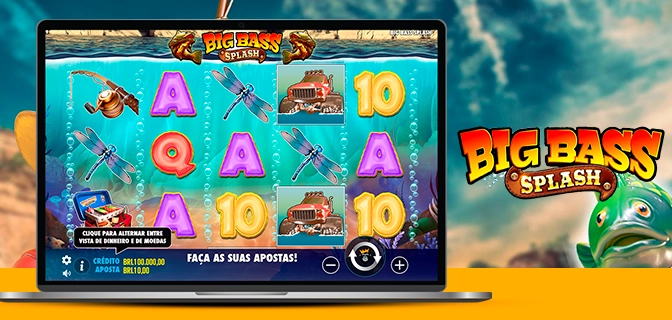 Imagem mostra logomarca do jogo Big Bass Splash ao lado de um notebook aberto no jogo