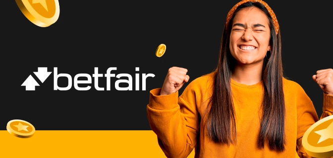 Imagem mostra mulher comemorando ao lado da logomarca da Betfair