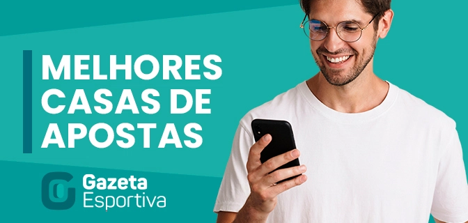 Imagem mostra homem sorrindo ao utilizar um smartphone ao lado da frase "Melhores casas de apostas"