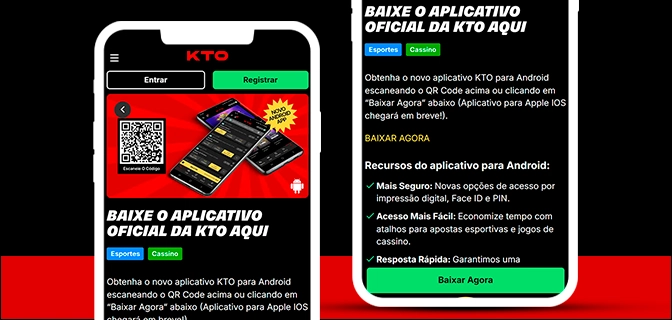 Imagem mostra celulares abertos na página de download do app da KTO