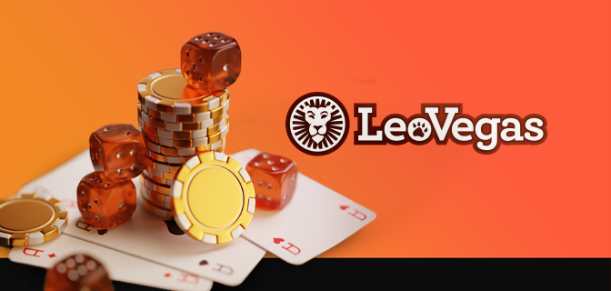 imagem mostra cartas, fichas e dados ao lado da logomarca do cassino LeoVegas