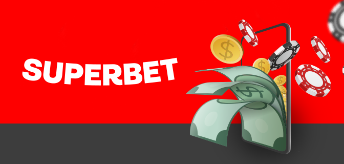 Imagem mostra logomarca da Superbet ao lado de uma ilustração de um smartphone, moedas, notas e fichas