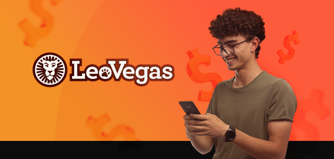 imagem mostra homem sorrindo ao utilizar um smartphone ao lado da logomarca do cassino LeoVegas.