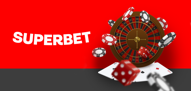 Imagem mostra logomarca da Superbet ao lado de uma ilustração de uma roleta, dados e cartas