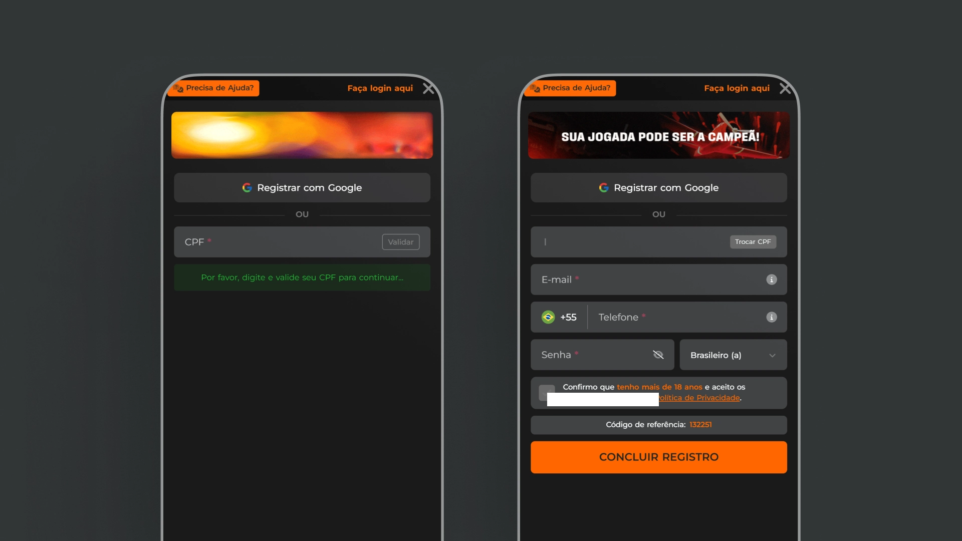 imagem mockup cadastro app esportiva bet