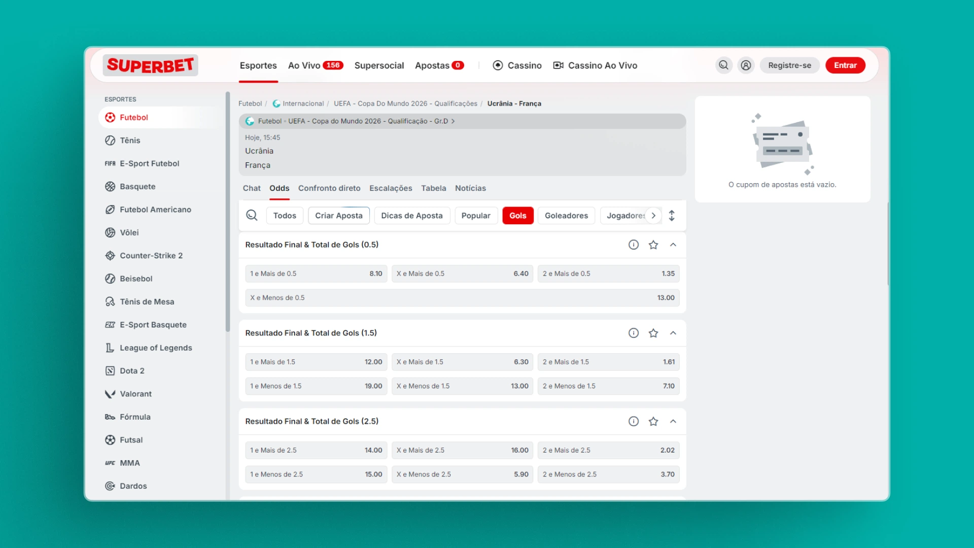 imagem resultado final total de gols superbet
