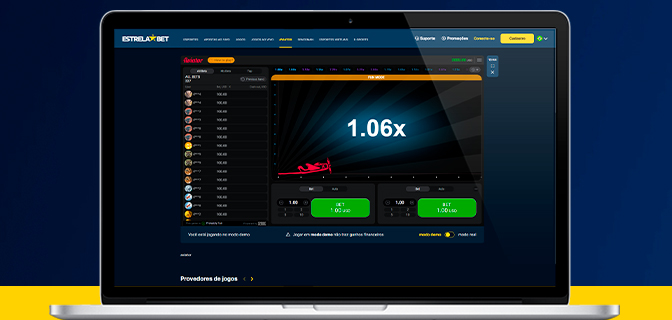 imagem mostra um notebook aberto no jogo Aviator na Estrela Bet