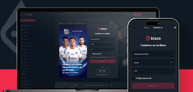 Imagem mostra notebook e smartphone aberto na página de cadastro da Blaze