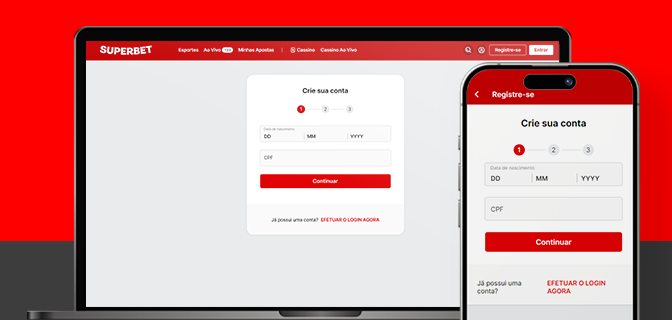Imagem mostra notebook e smartphone abertos na página de cadastro da Superbet