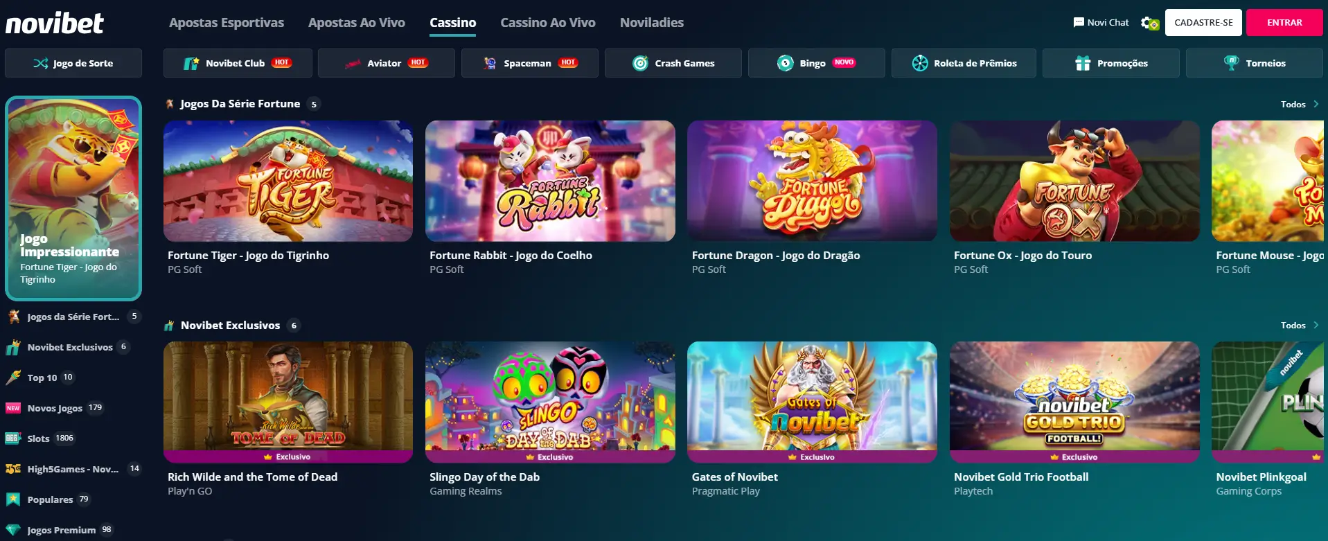 Captura de tela do cassino da Novibet em que apresenta o Fortune Tiger.
