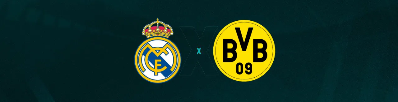 Escudos de Real Madrid e Borussia Dortmund, que duelam pela Champions League