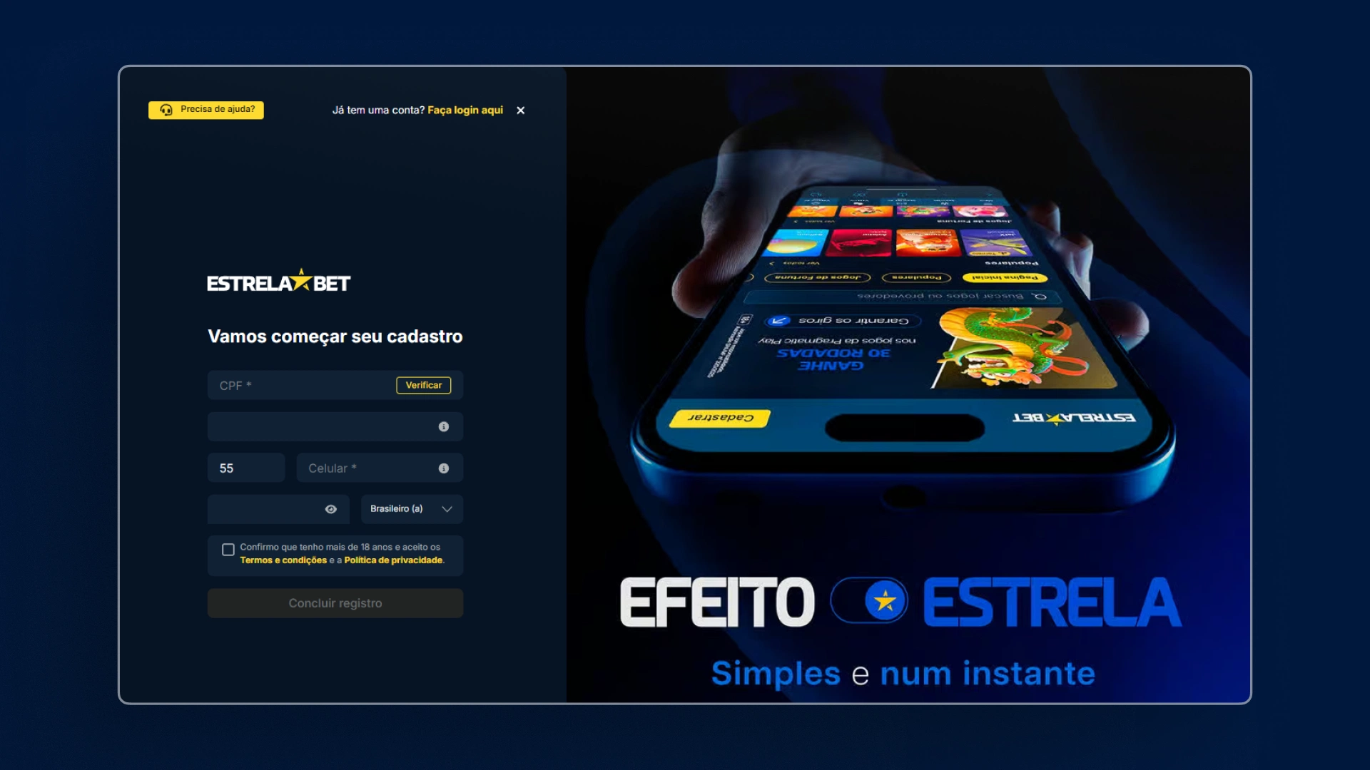 screenshot cadastro estrelabet