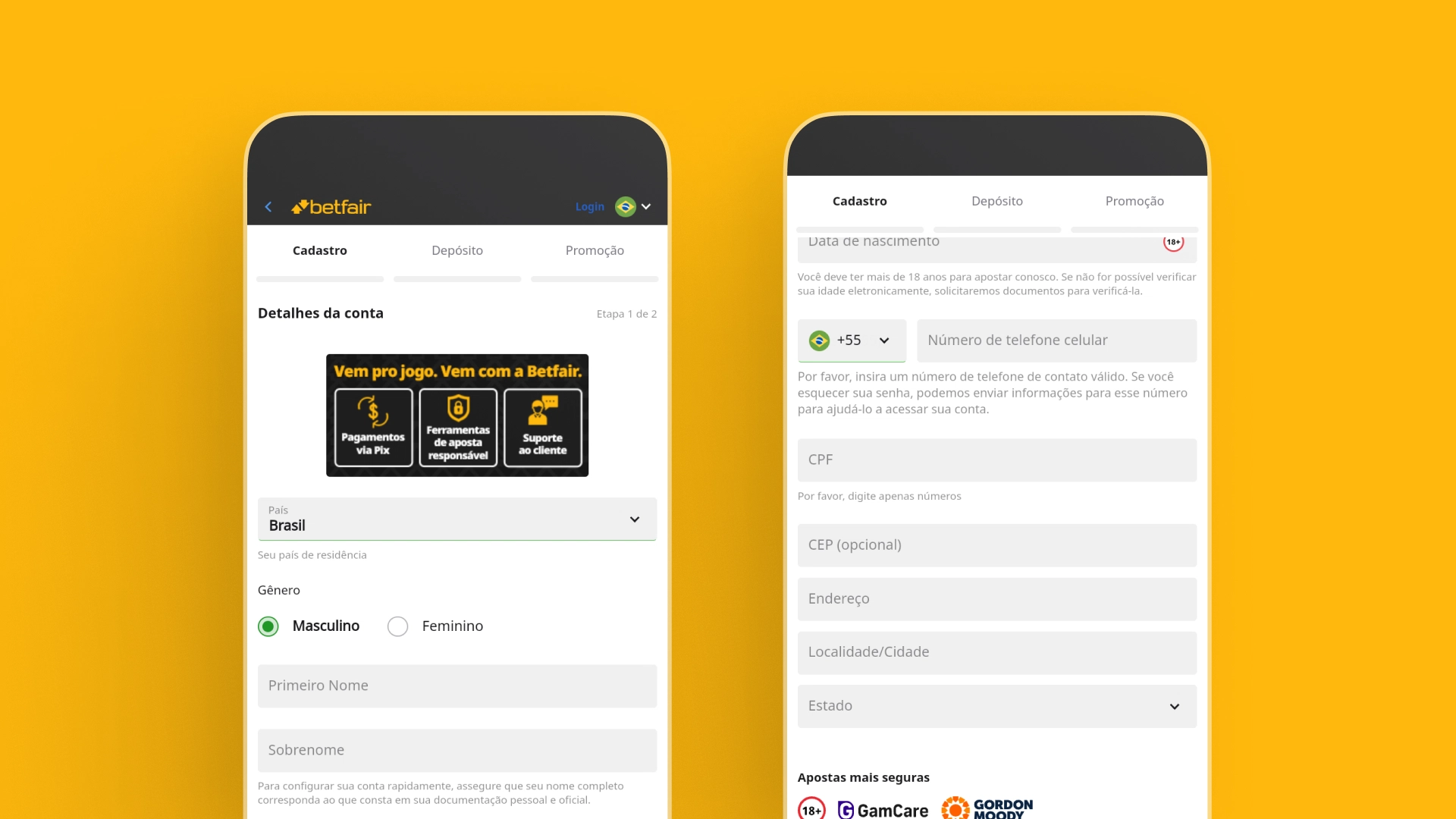 Imagem mostra celulares abertos na página de cadastro da Betfair