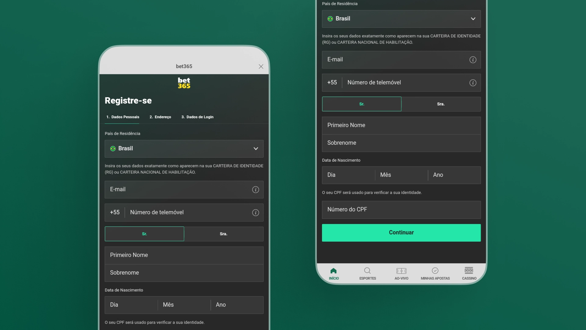 Imagem mostra celulares abertos na página de cadastro da Bet365