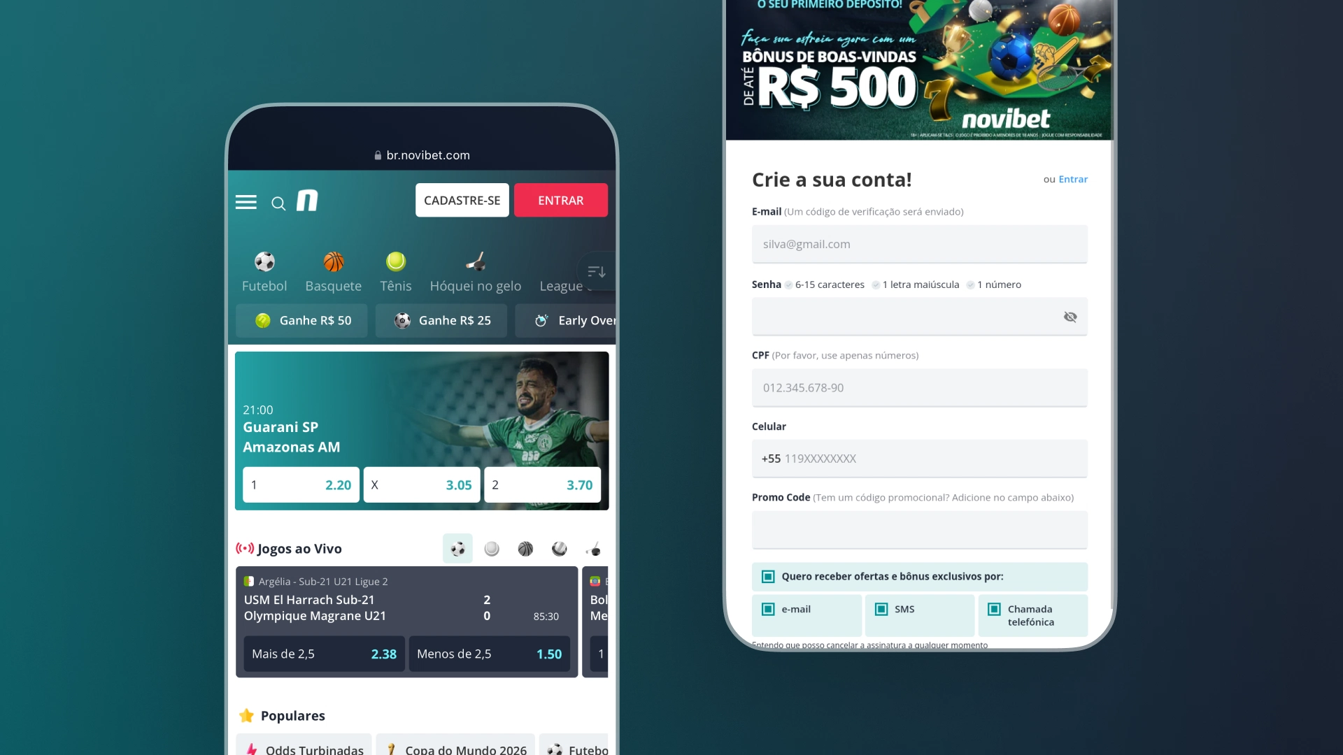 Imagem mostra celulares abertos na página de cadastro da Novibet