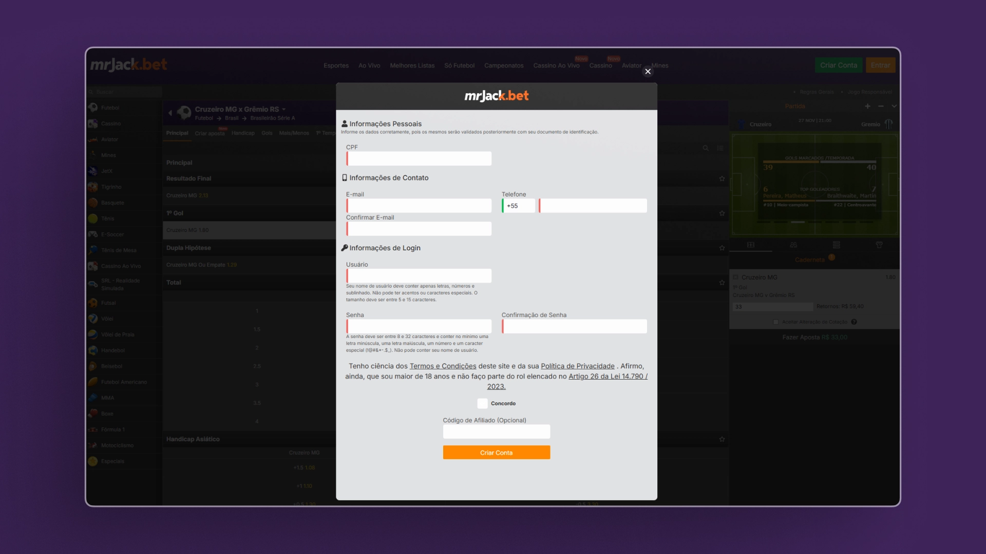 screenshot cadastro mr jack bet