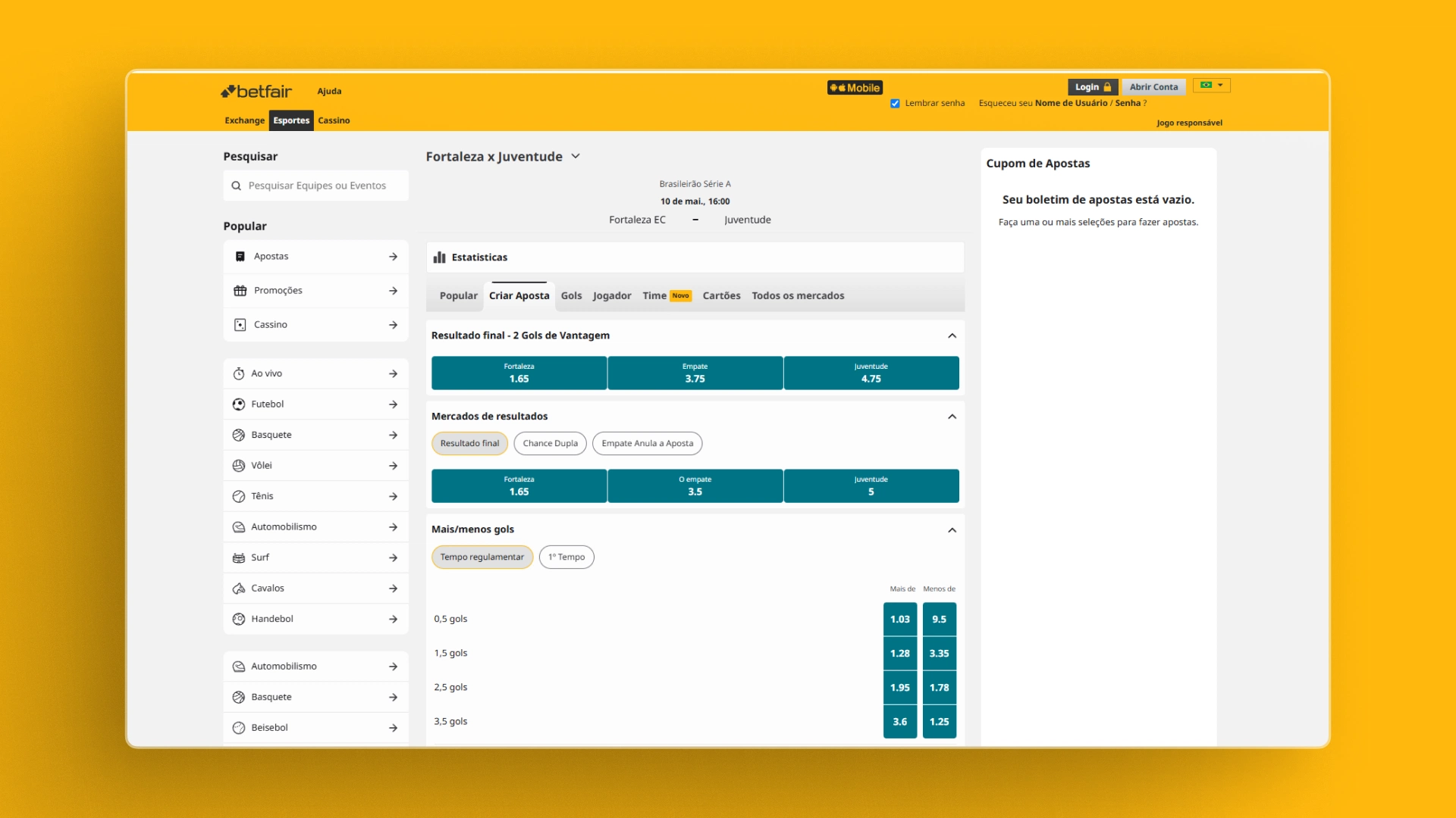 screenshot criar aposta betfair