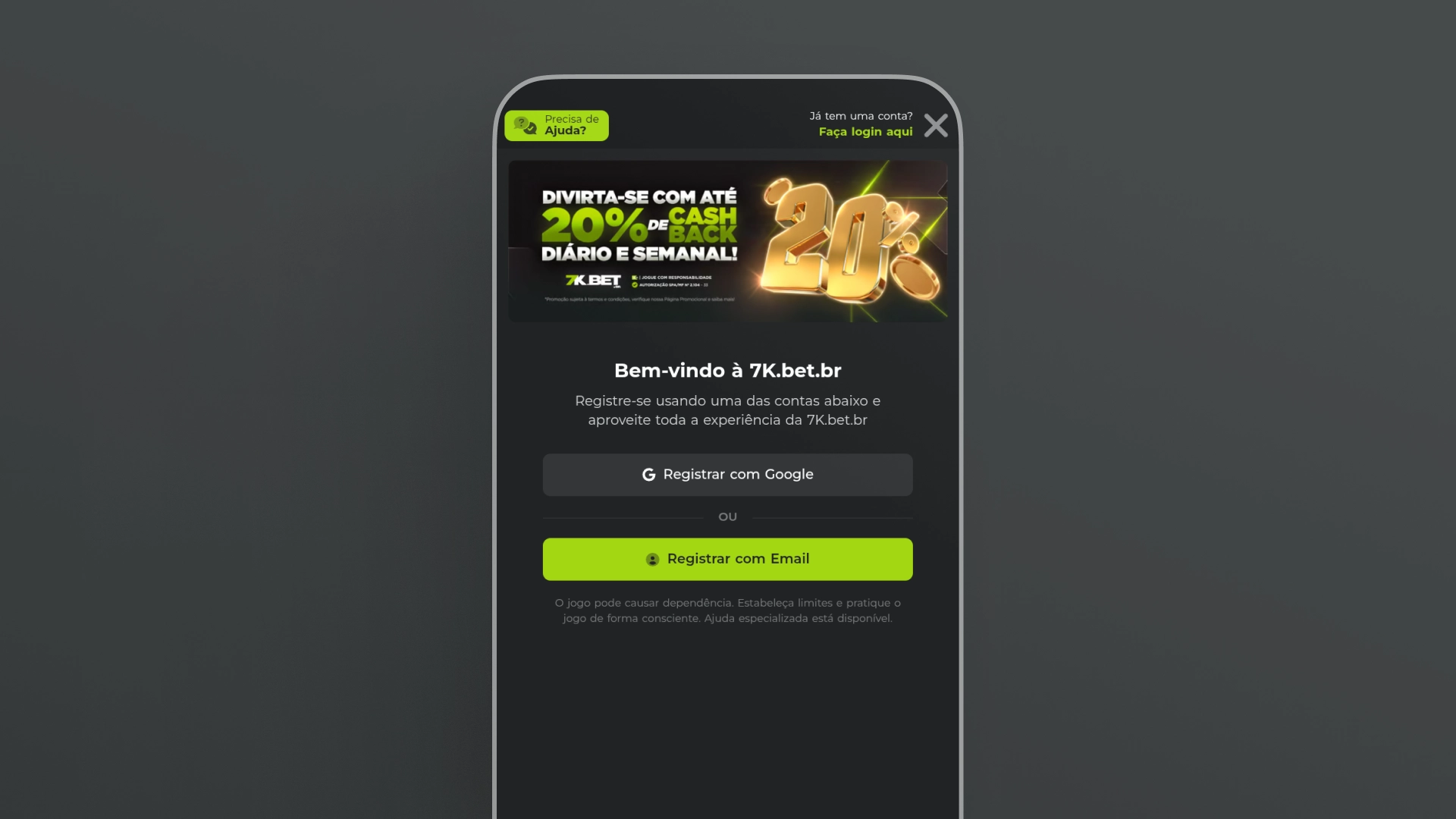 screenshot mobile cadastro 7kBet