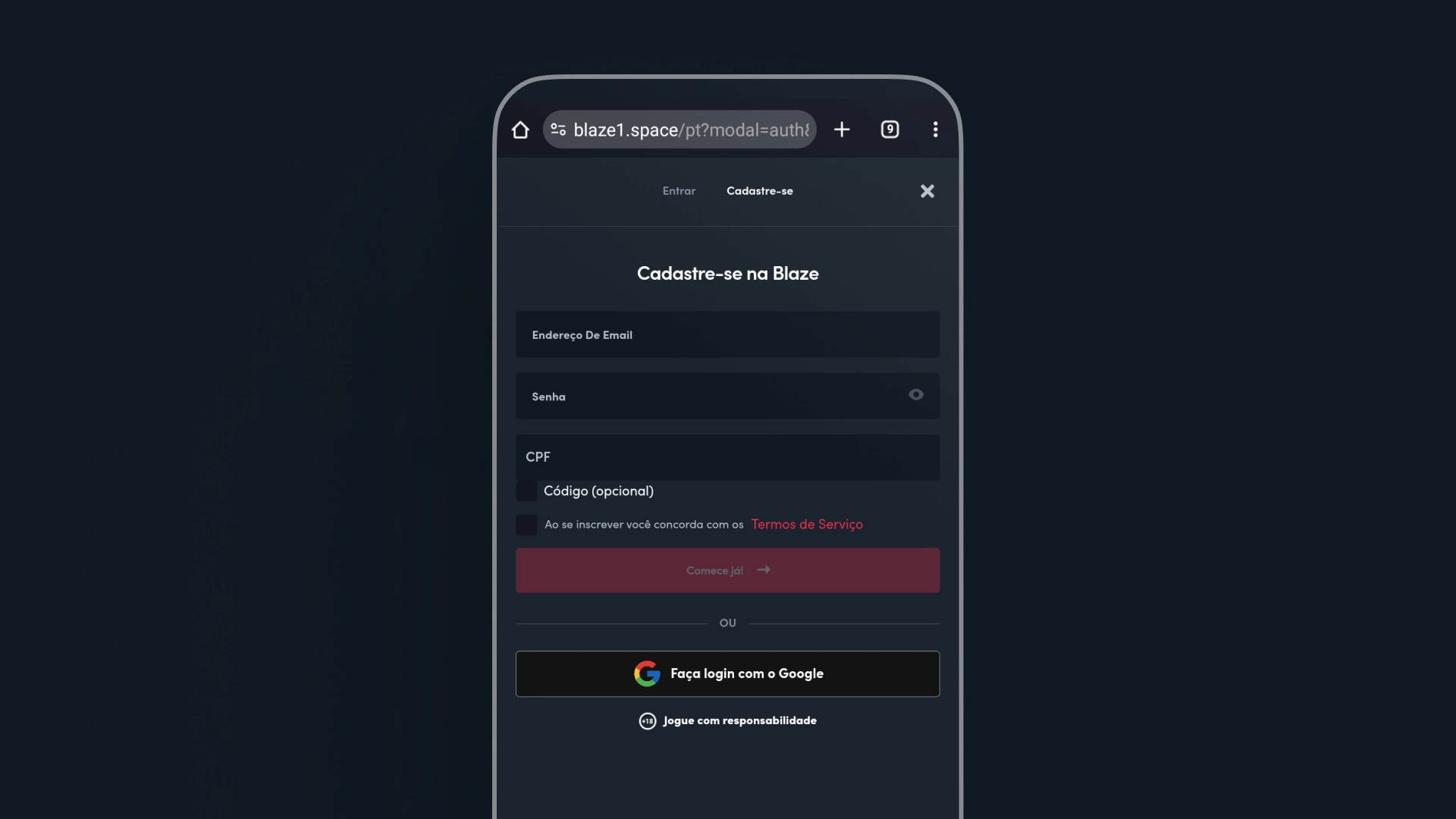 screenshot mobile cadastro Blaze