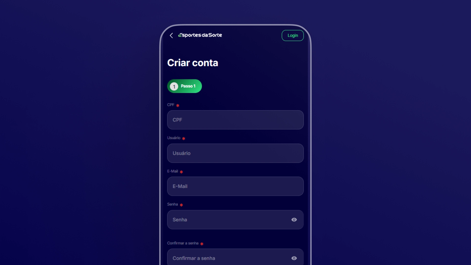 screenshot mobile cadastro esportes da sorte