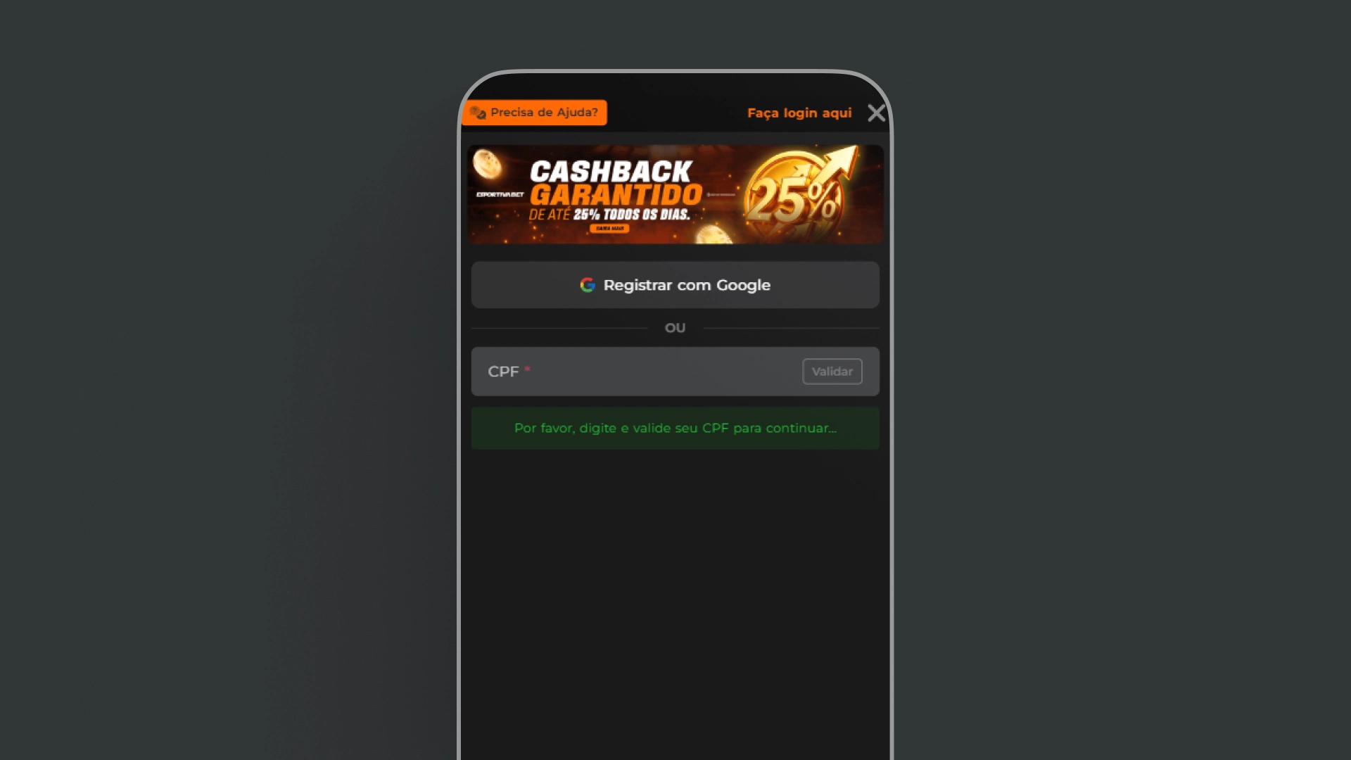 screenshot mobile cadastro esportiva bet