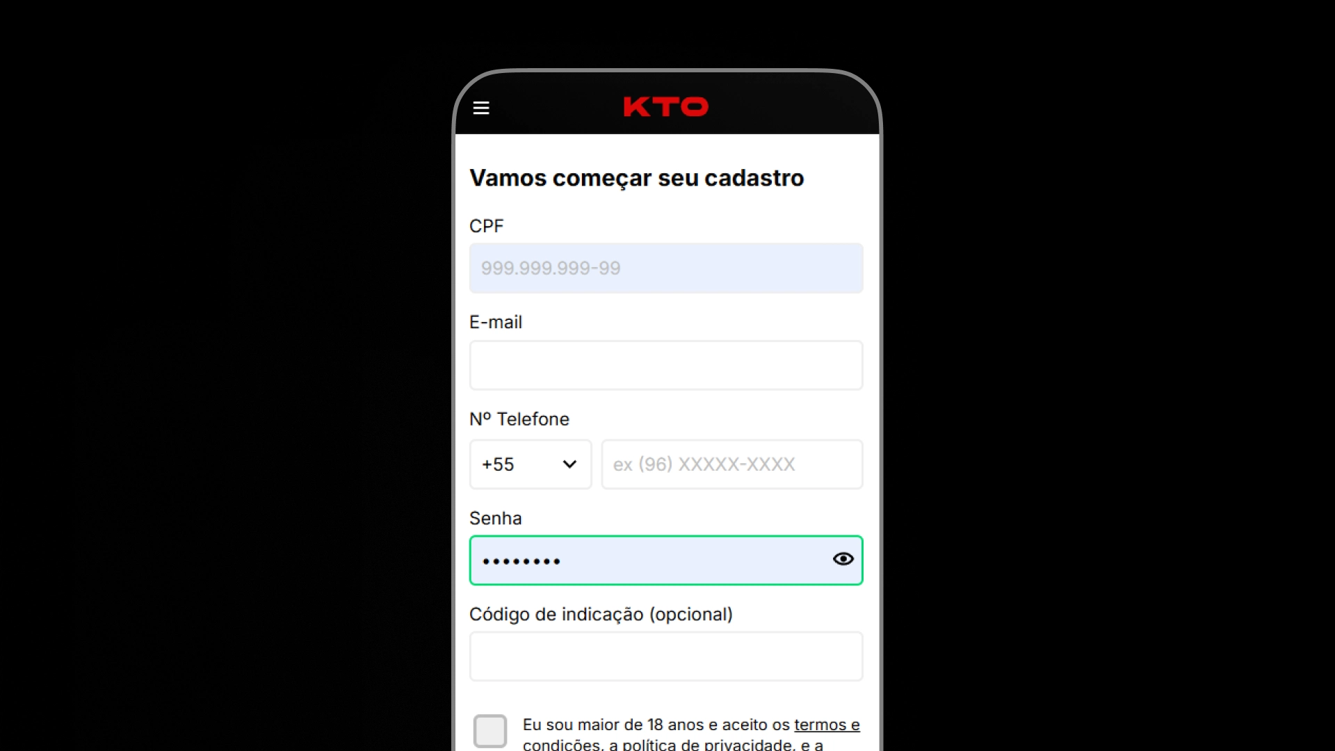 screenshot mobile cadastro kto