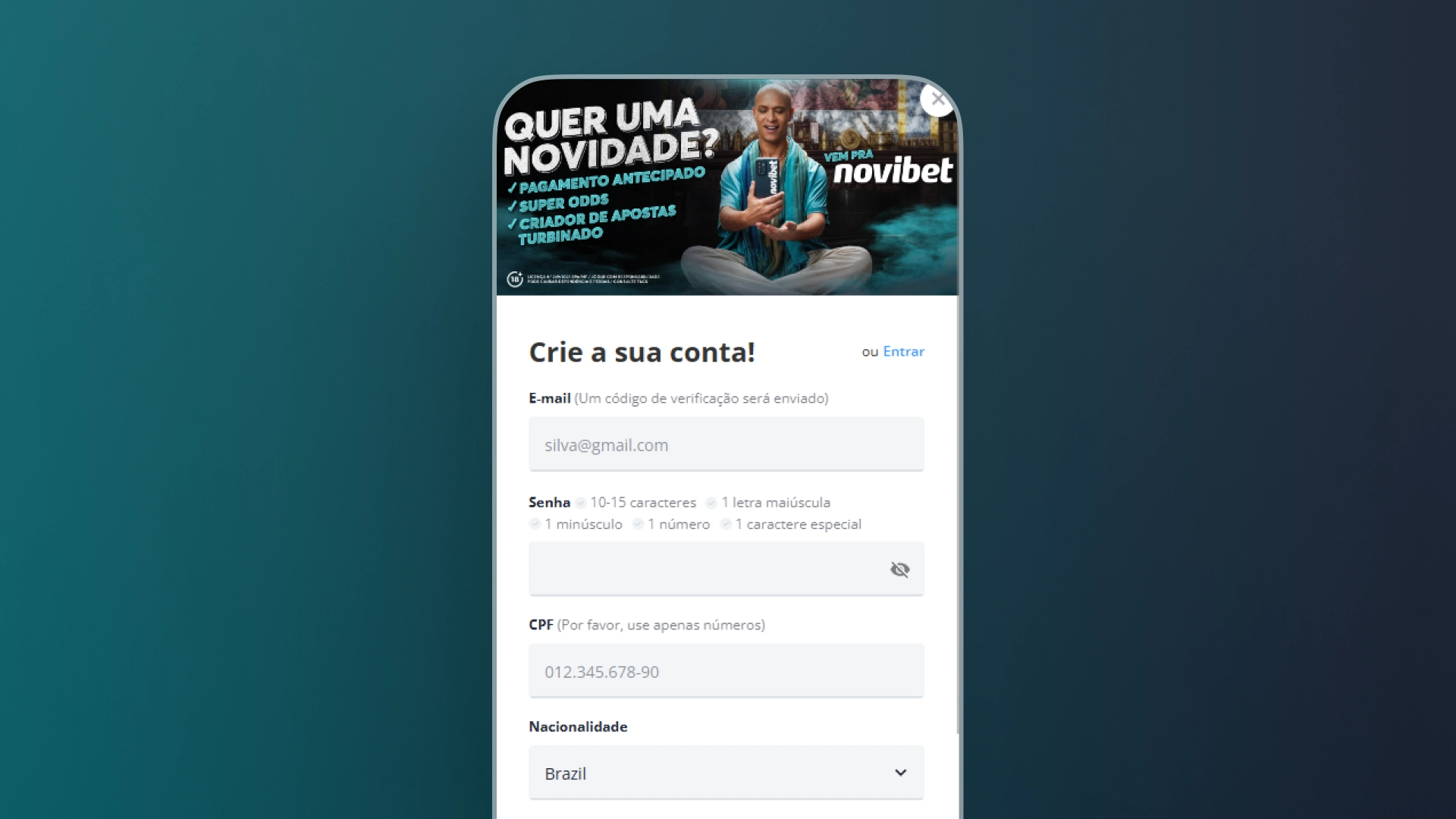 screenshot mobile cadastro novibet