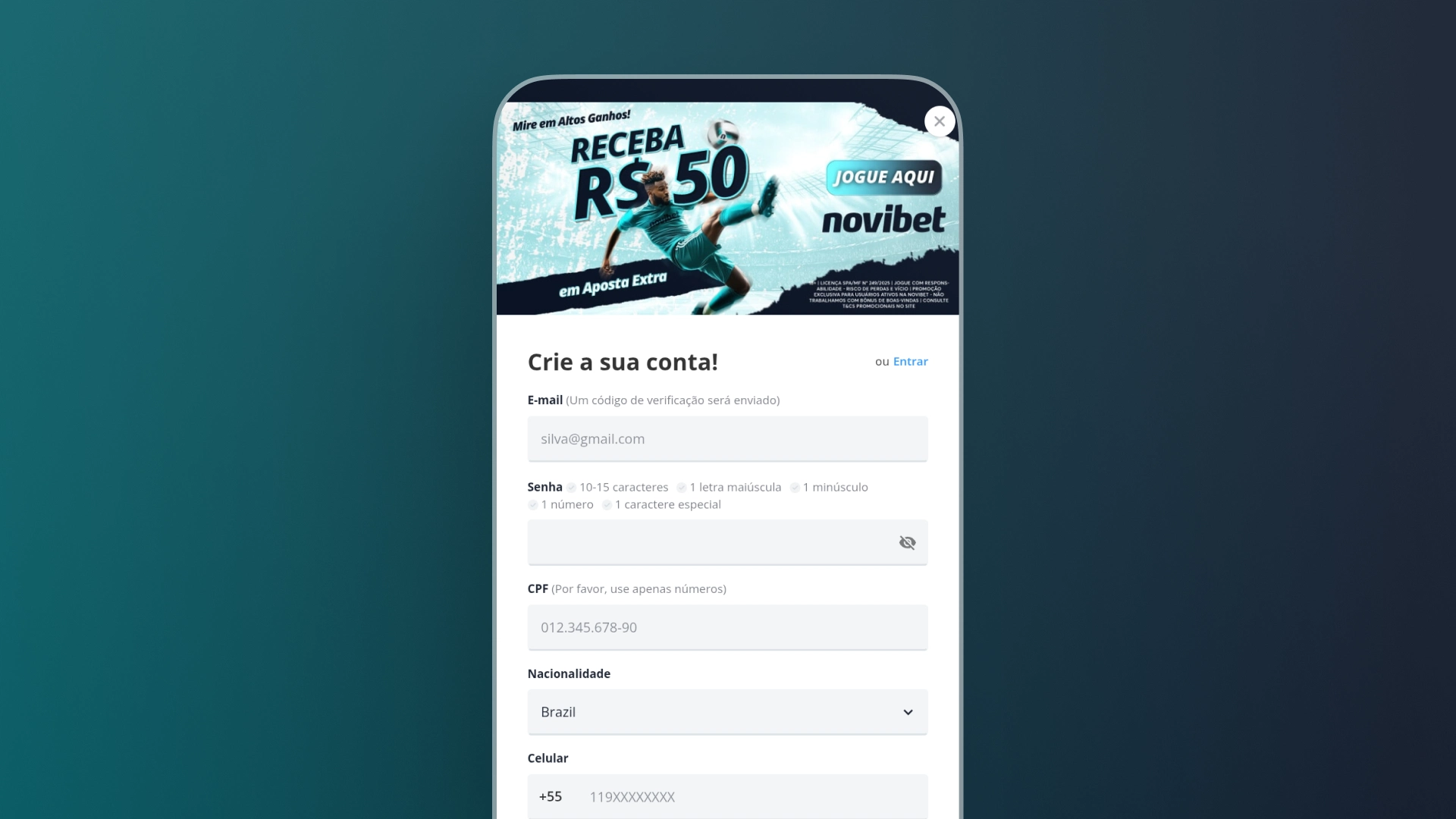 screenshot mobile cadastro novibet