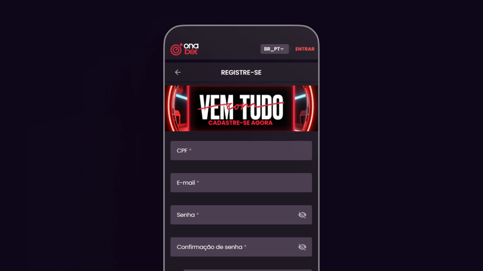 screenshot mobile cadastro onabet