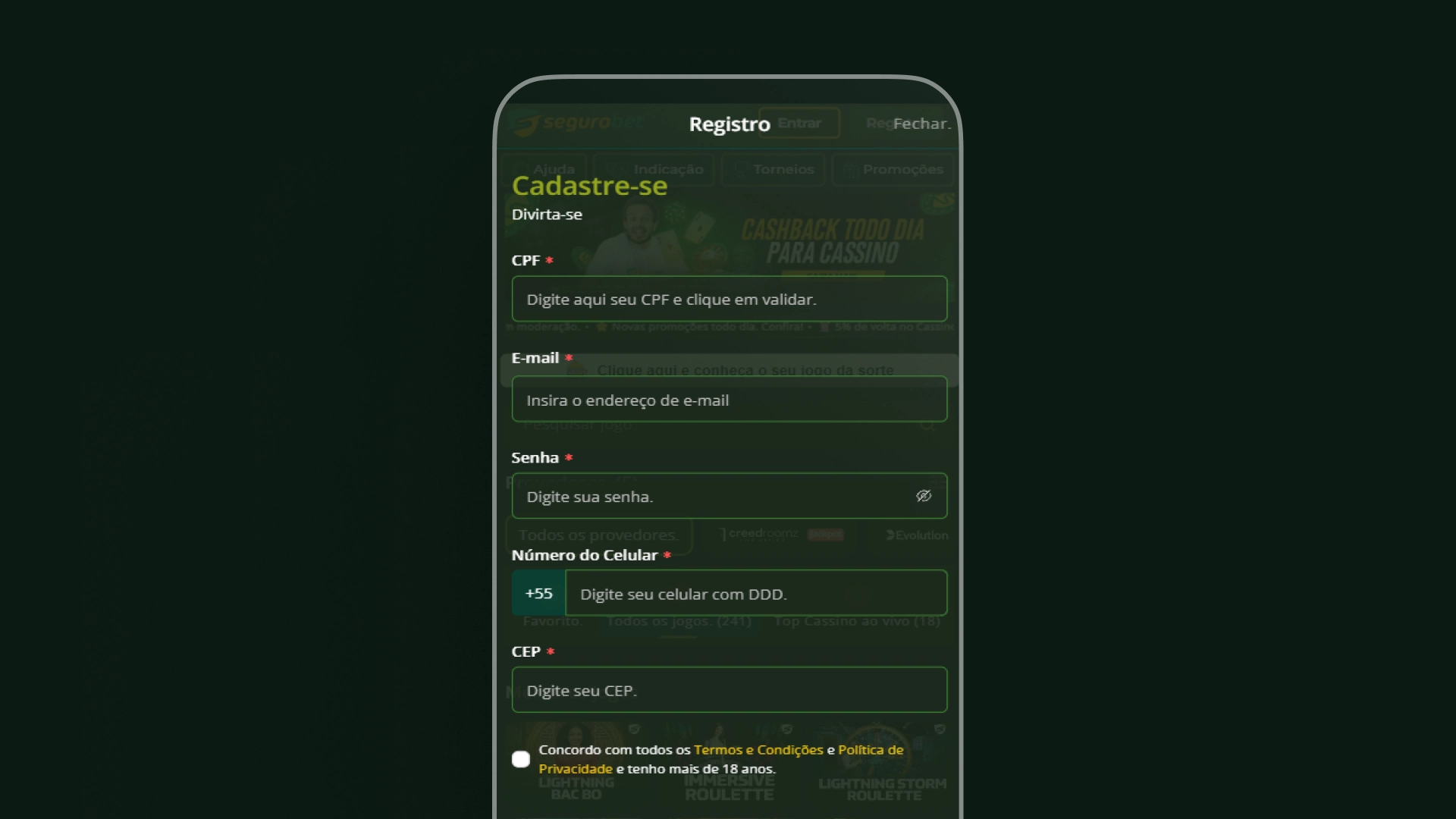 screenshot mobile cadastro segurobet