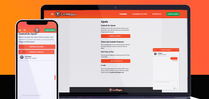 imagem mostra notebook e smartphone aberto na página do chat da LeoVegas.