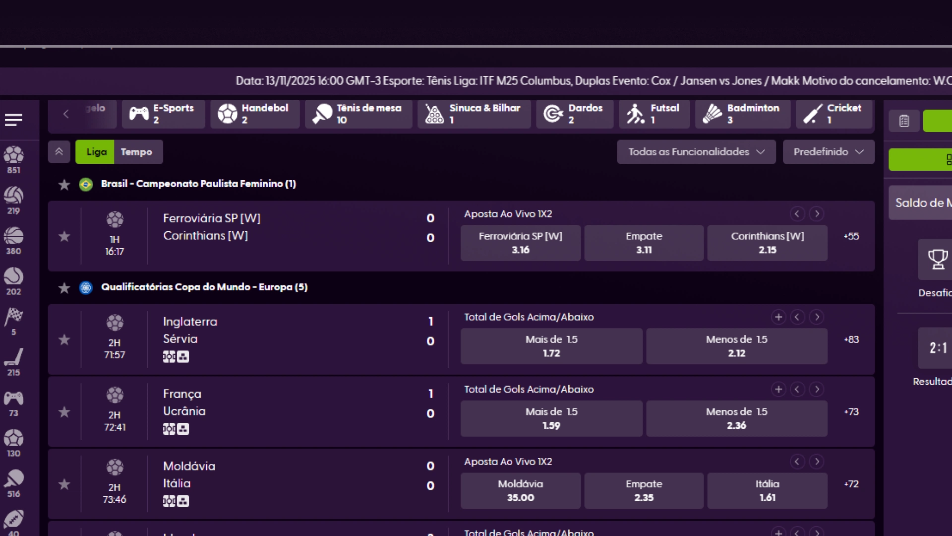 screenshot odds Sorte Na Bet