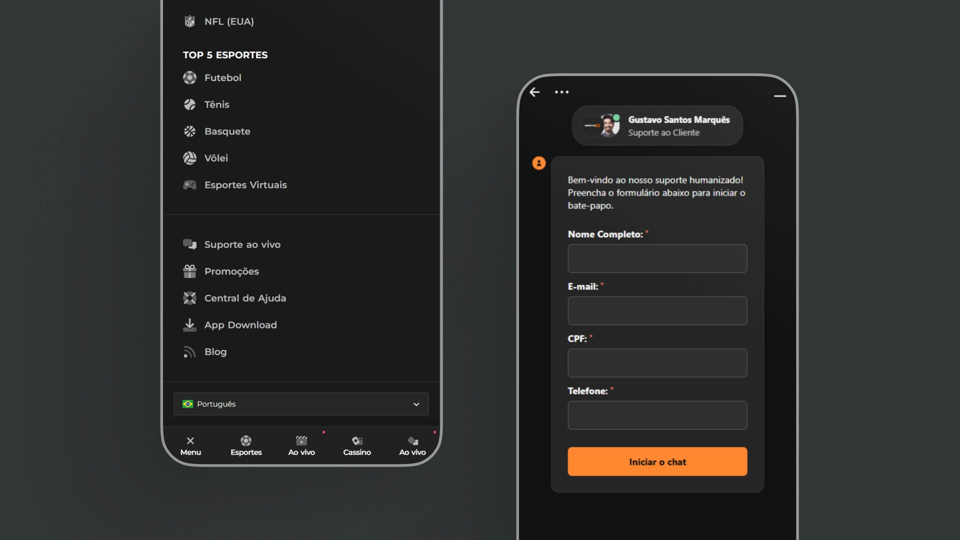 screenshot suporte chat Esportiva Bet