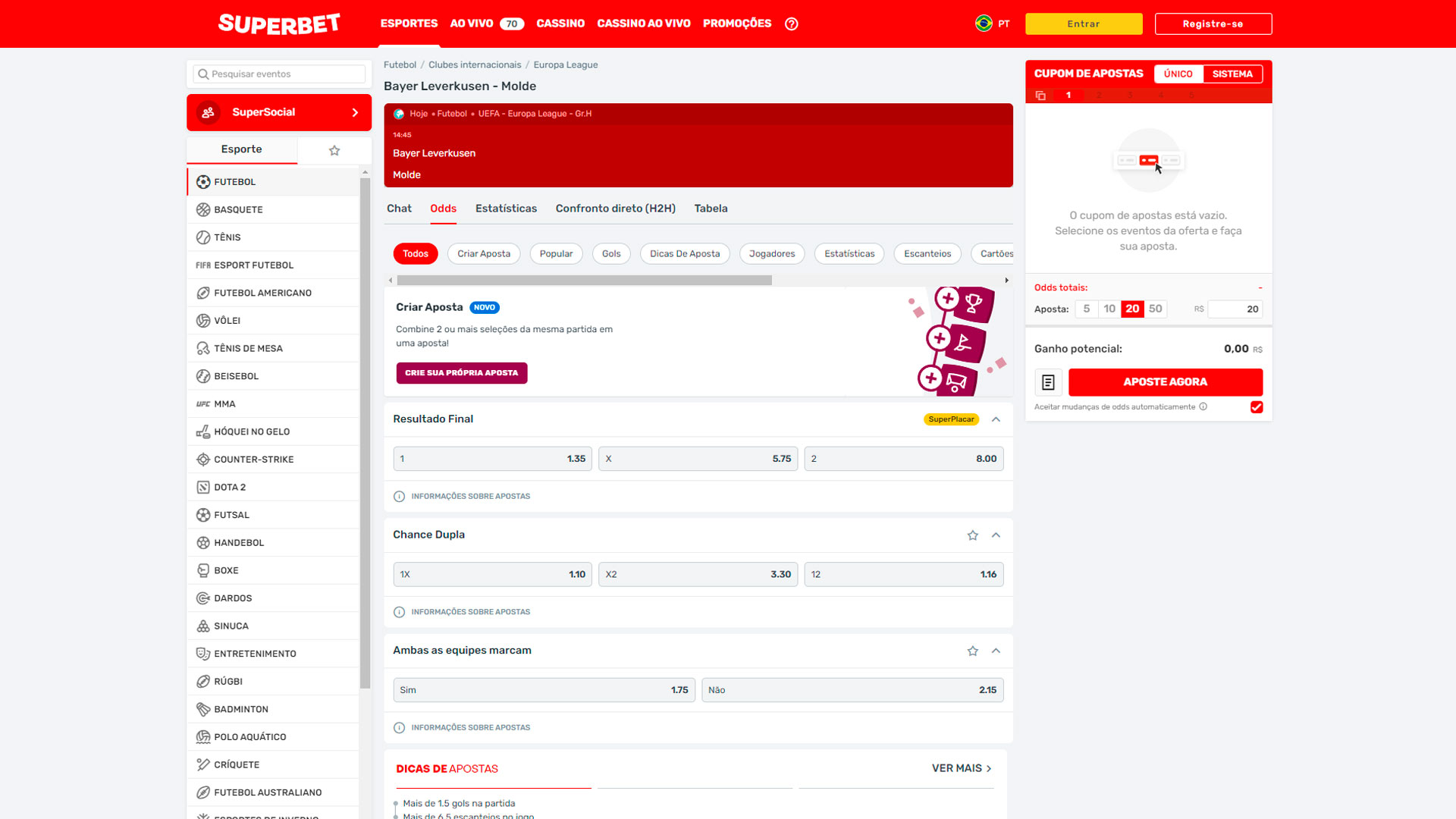 Screenshot mostra página de apostas da Superbet