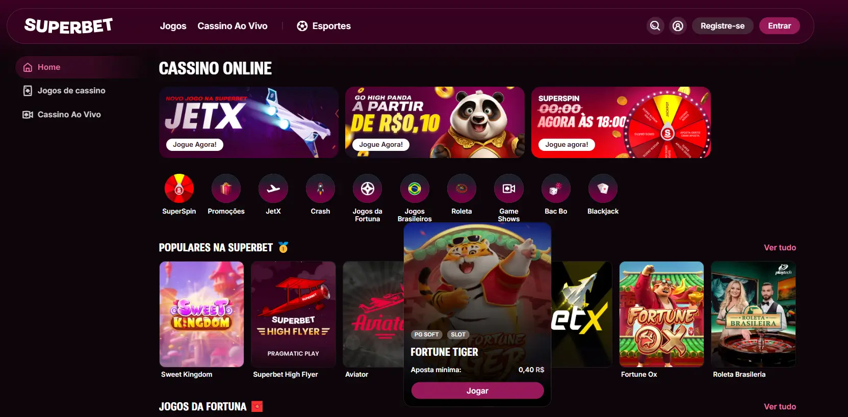 Página de cassino da Superbet apresentando o Fortune Tiger